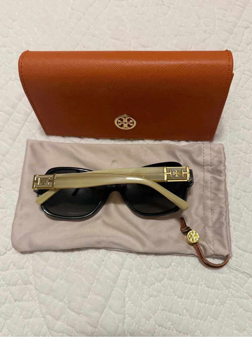 Tory Burch Black Sunglasses with Orange Case and Cream Pouch